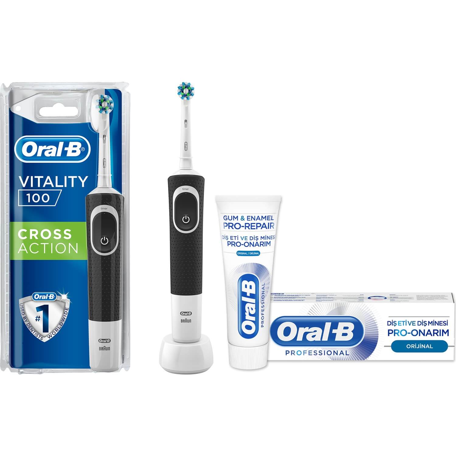 Oral-B D100 Şarjlı Diş Fırçası Cross Action Siyah + Pro Onarım Diş Macunu 50 ml
